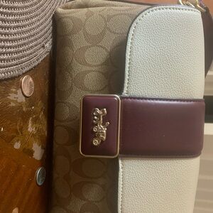 Coach Two-Tone Signature Canvas Crossbody — Brown, Ivory & Burgundy Accent